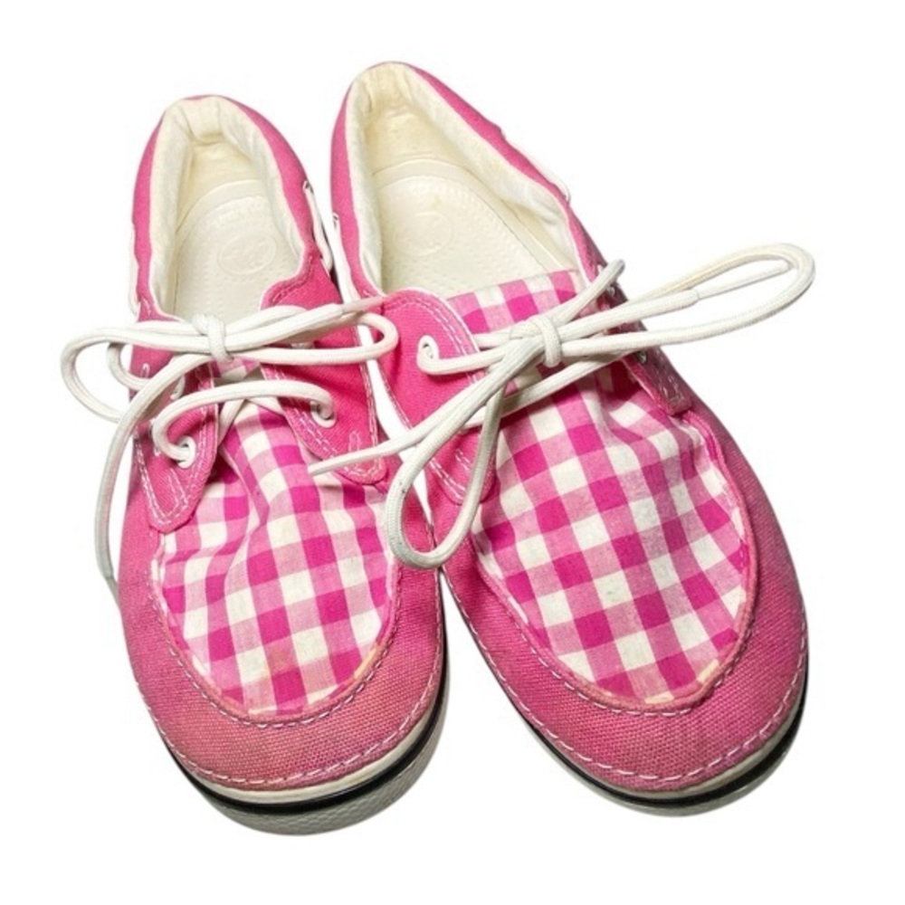 Crocs Hover Boat Gingham canvas shoes in pink and white